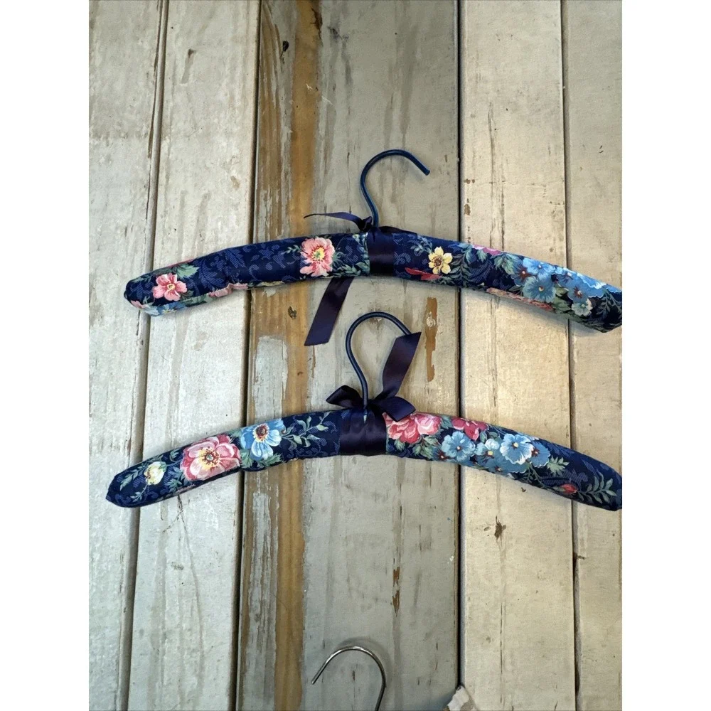 Vintage Red Satin, Blue Floral Fabric & One Crochet Padded Coat Hanger Lot Of 5